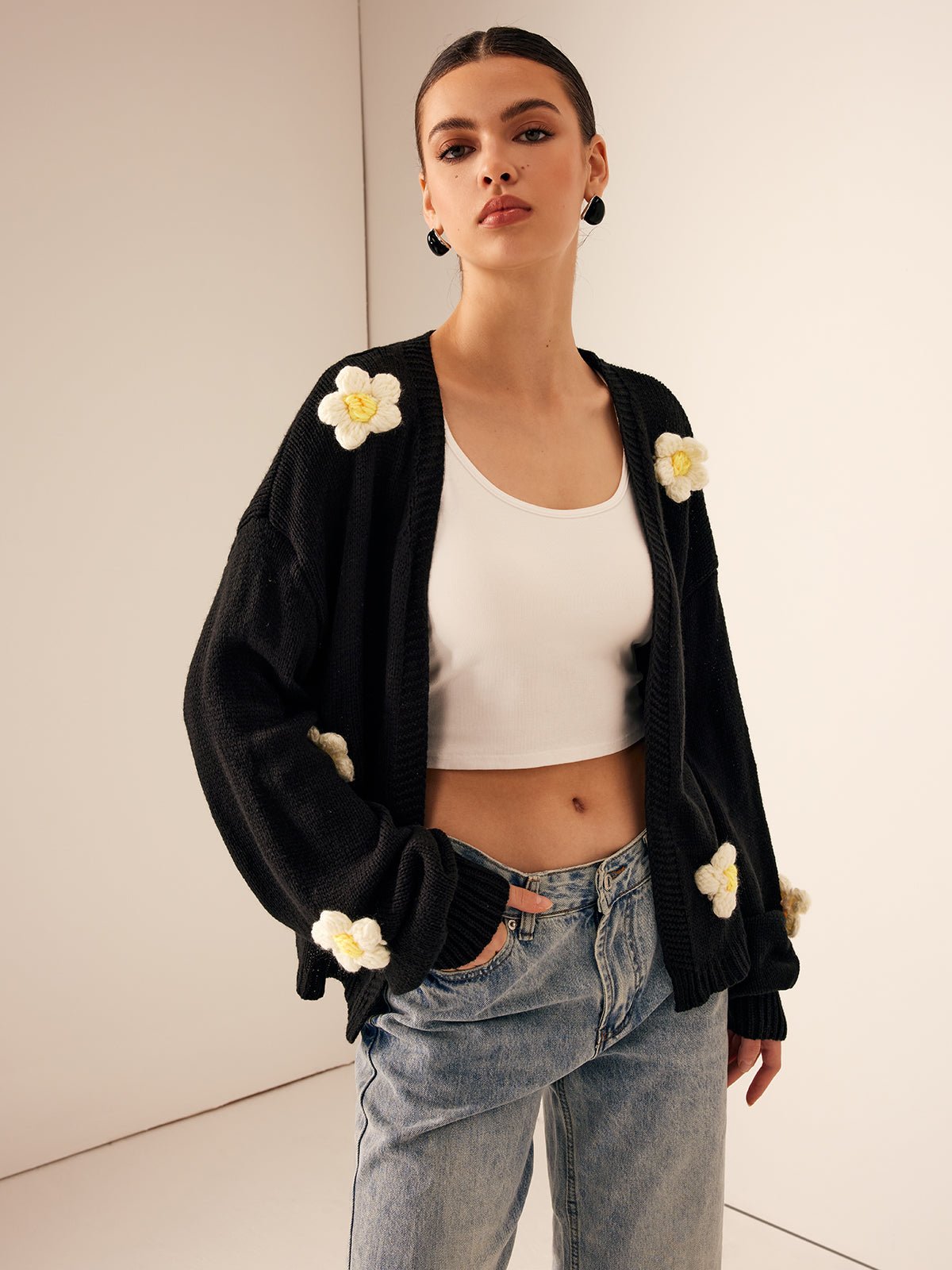 Floral Embellished Cardigan | Cozy Acrylic Knit | Statement Layer