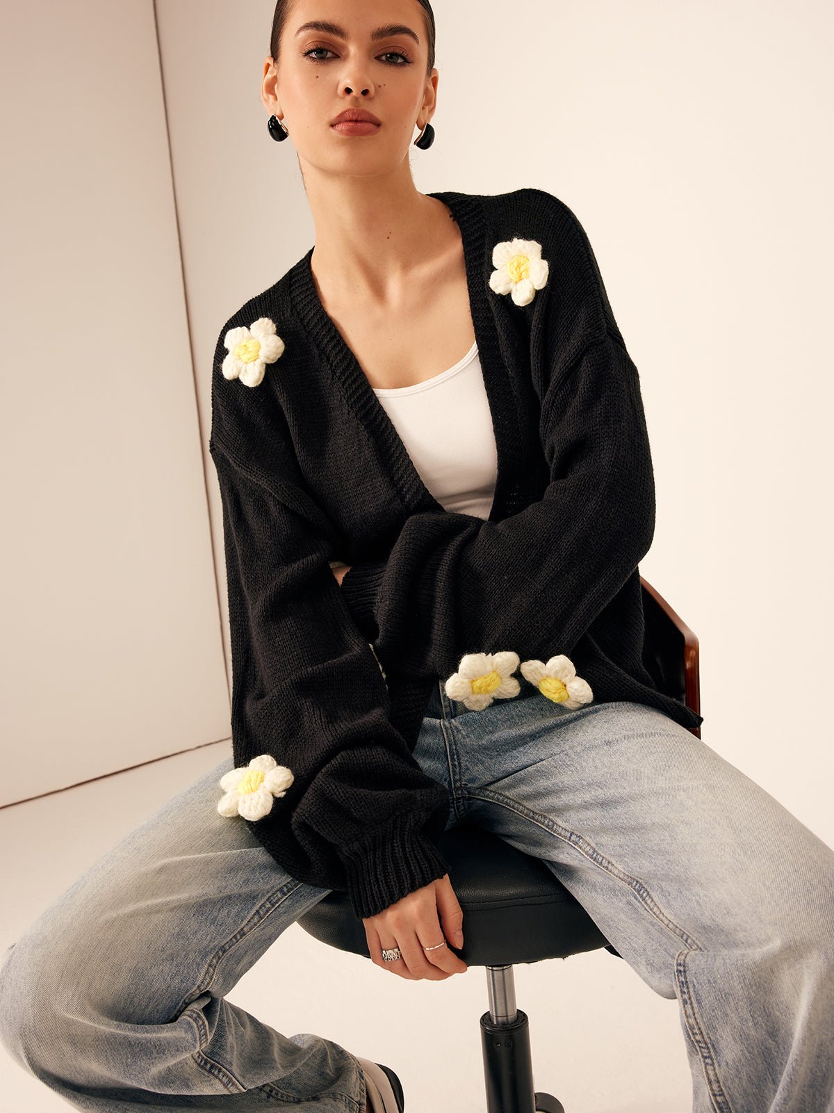 Floral Embellished Cardigan | Cozy Acrylic Knit | Statement Layer