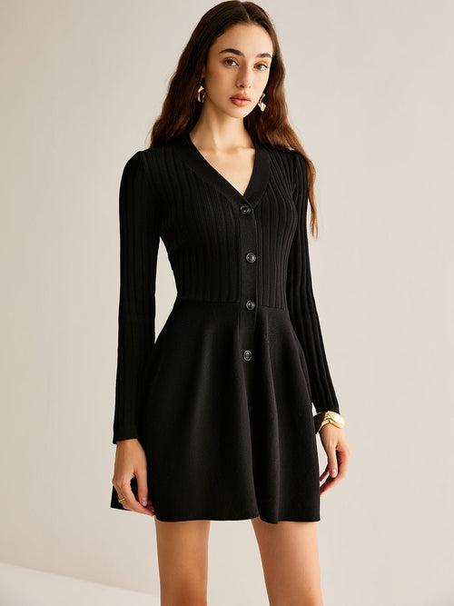 Flared Knit Mini Dress | Button-Down Detail | Soft Stretch Fabric | Effortless Elegance
