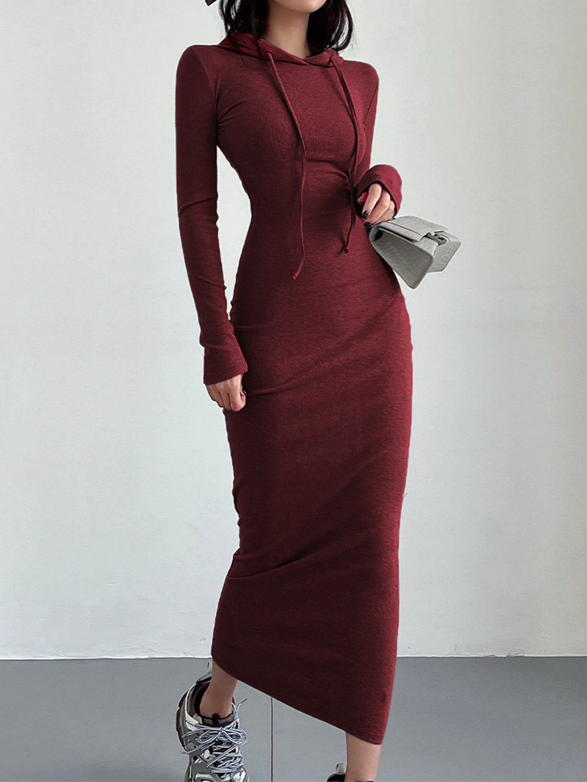 Hooded Maxi Dress | Polyester-Elastane Blend | Sleek Casual Style