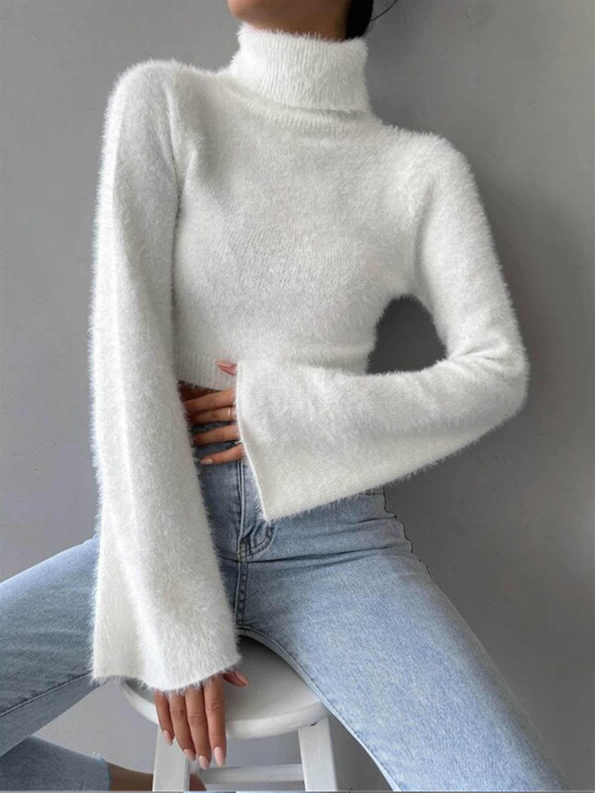 Soft Knit Crop Sweater | High Neck | Polyester | Casual Elegance