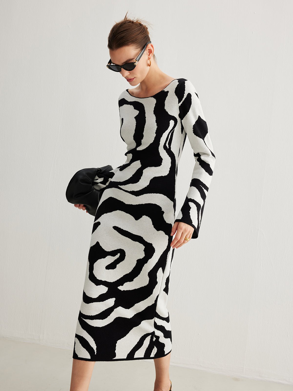 Abstract Print Sweater Dress | Bold Monochrome Design | Soft Knit Fabric | Statement Style