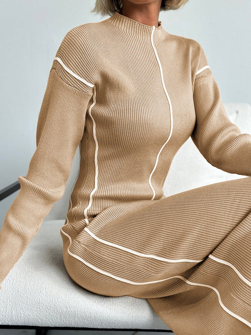 Contrast-Trim Ribbed Knit Midi Dress | Slim Fit | Zip-Up Design | Modern Chic