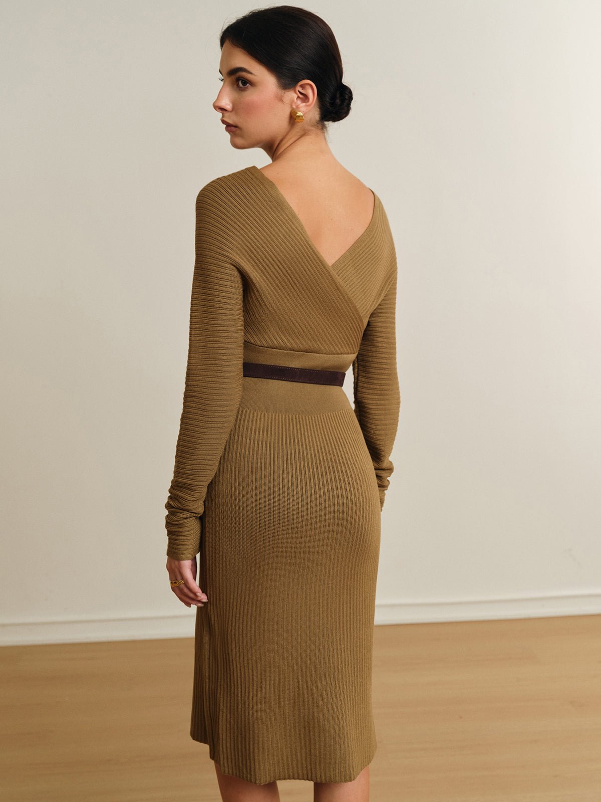 Ribbed Knit Belted Midi Dress | Flattering V-Neckline | Soft Stretch Fabric | Elegant Everyday Style