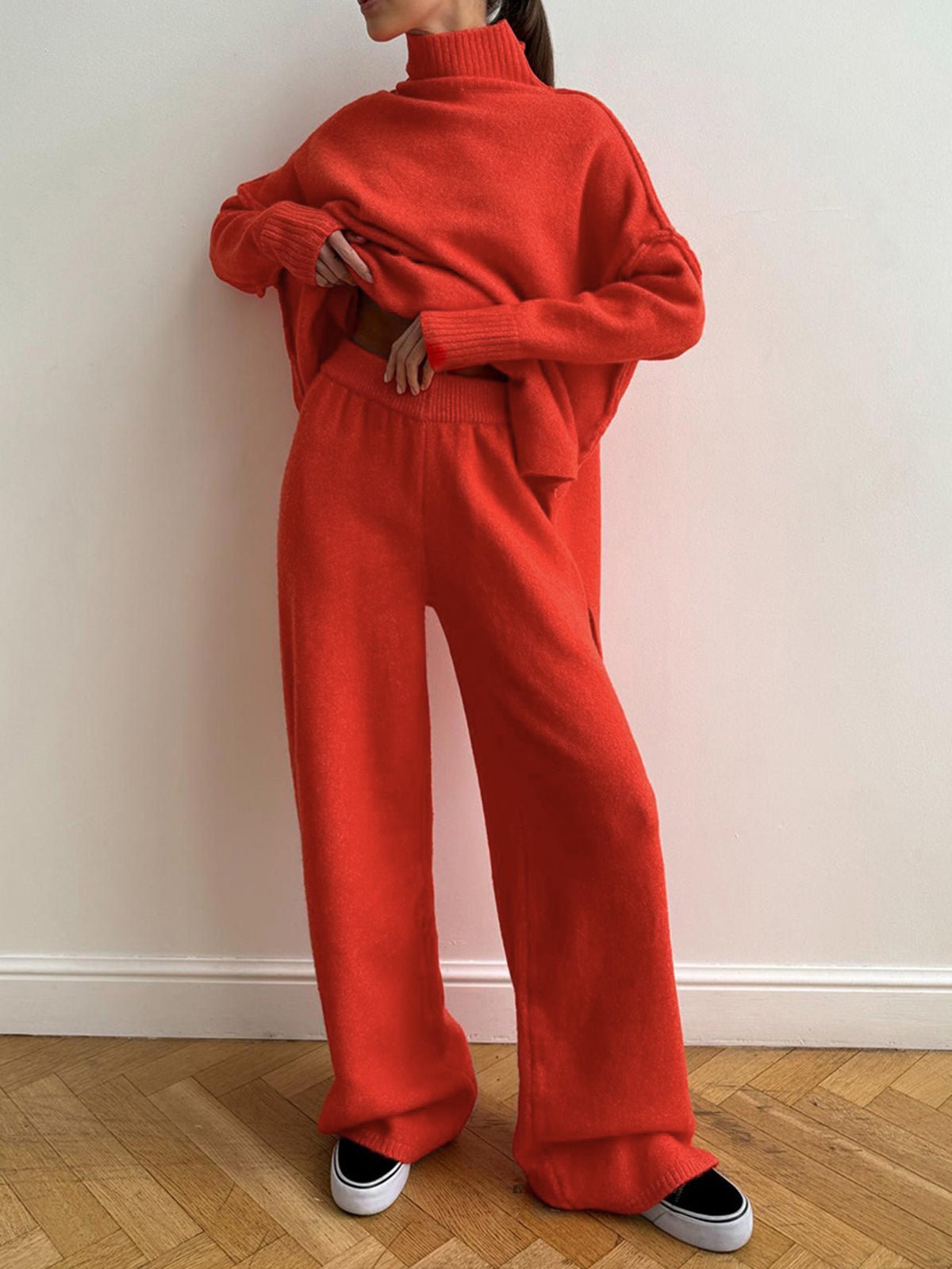 Oversized Knit Two-Piece Set | Split-Hem Sweater & Wide-Leg Pants | Casual Comfort