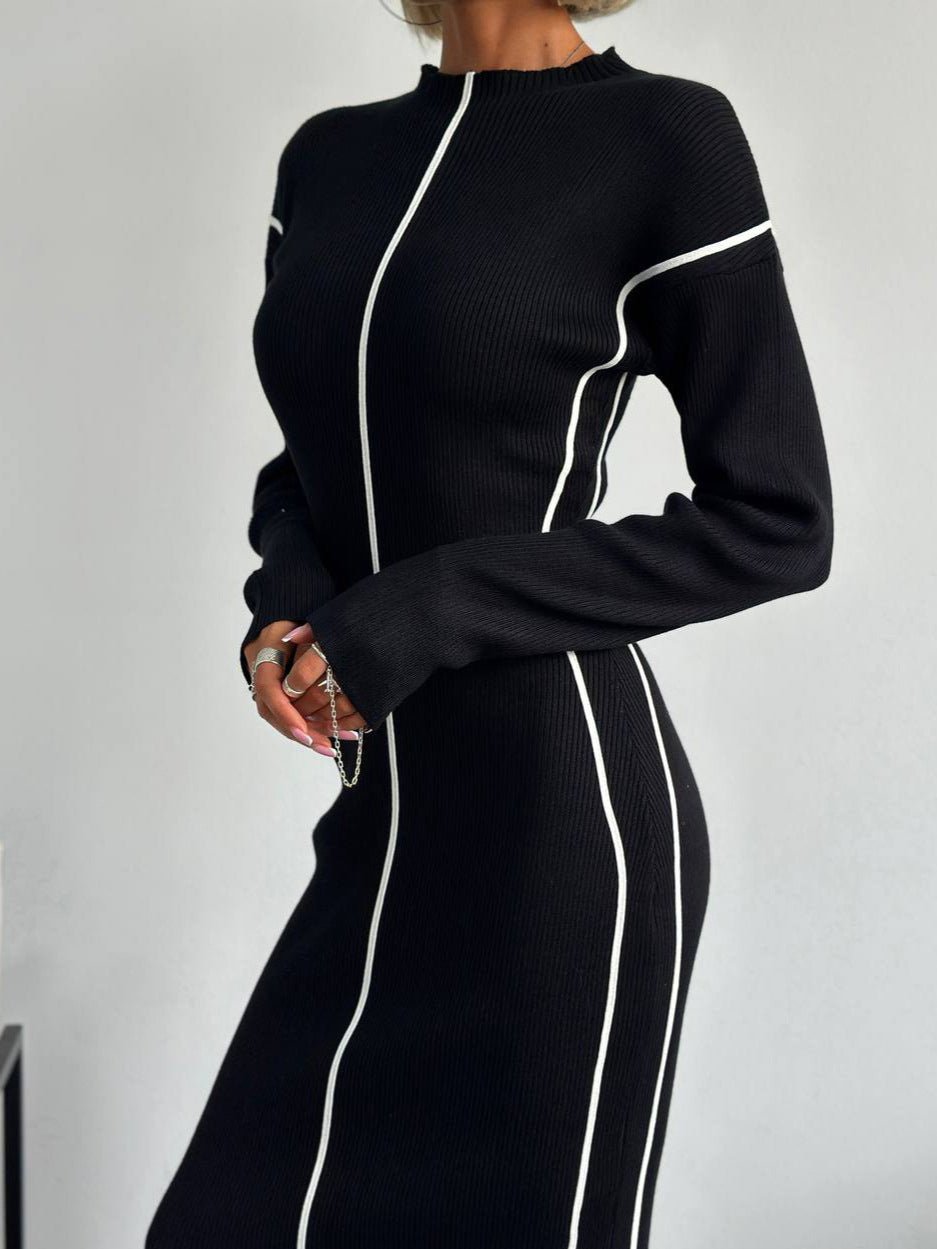 Contrast-Trim Ribbed Knit Midi Dress | Slim Fit | Zip-Up Design | Modern Chic