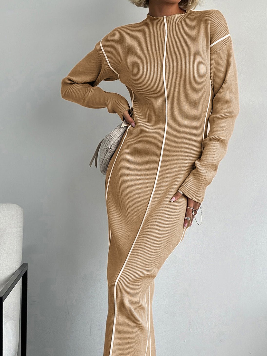 Contrast-Trim Ribbed Knit Midi Dress | Slim Fit | Zip-Up Design | Modern Chic