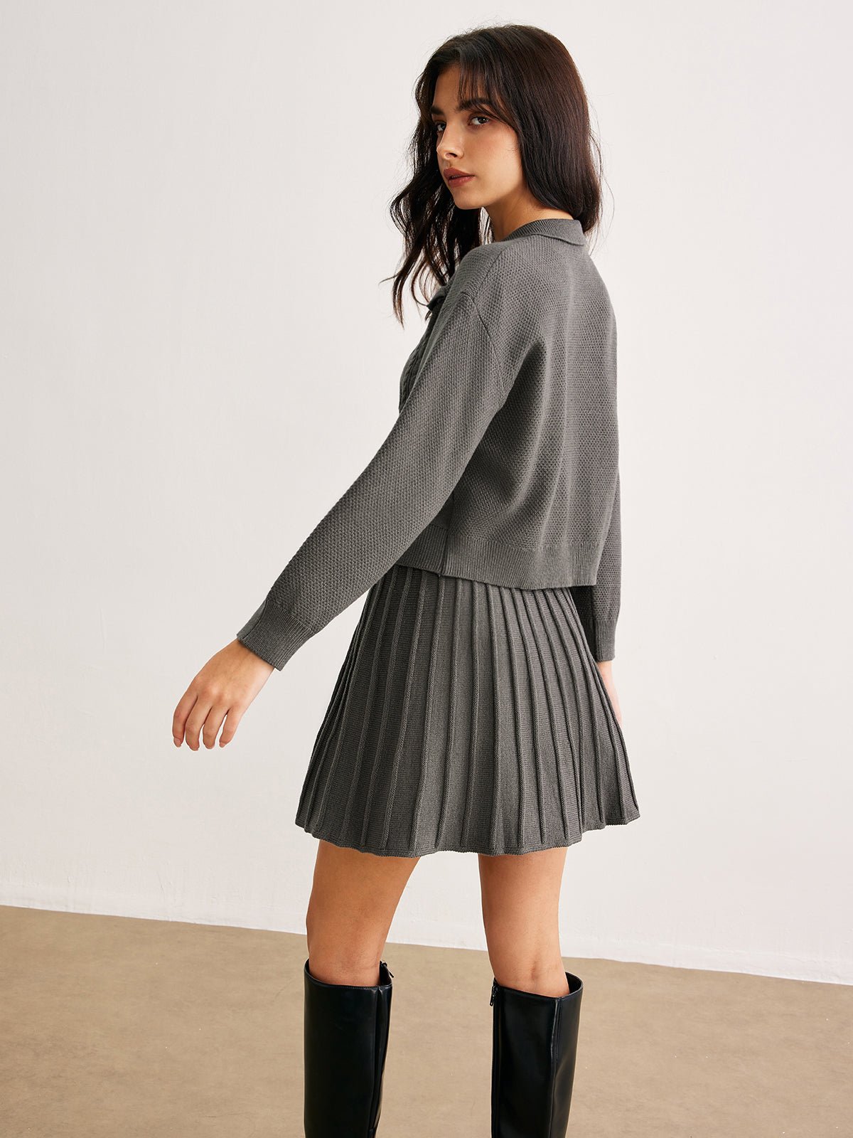Rib-Knit Button-Up Cardigan & Pleated Skirt Set | Knit Blend | Casual Elegance