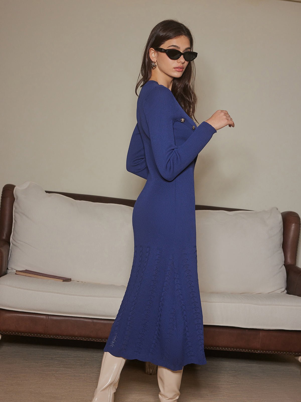 Elegant Button-Front Midi Dress | Slim Fit | Stretch Knit | Evening Wear