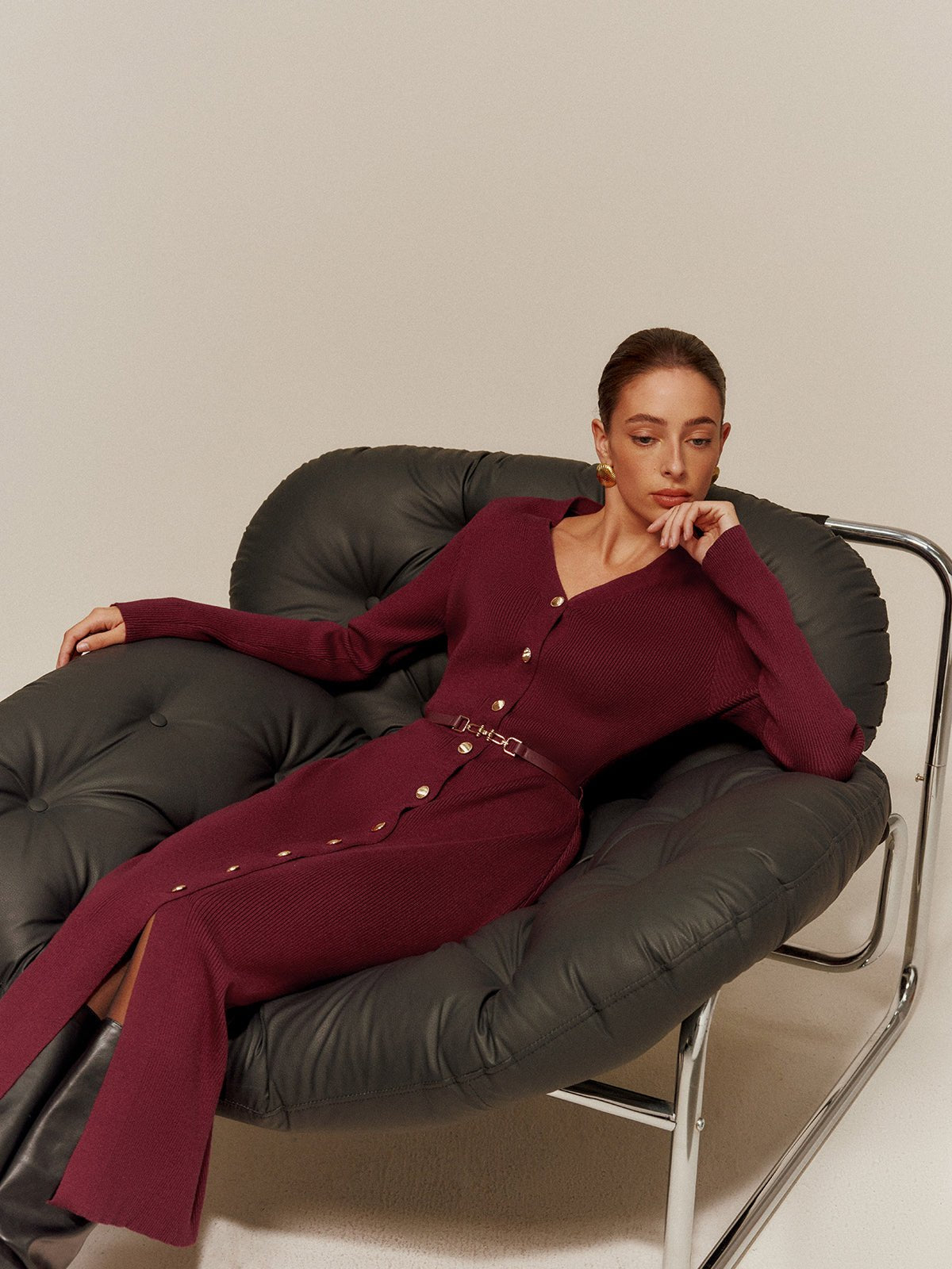 Ribbed Knit Maxi Dress | Button-Down Front | Soft Stretch Fabric | Elegant Evening Look