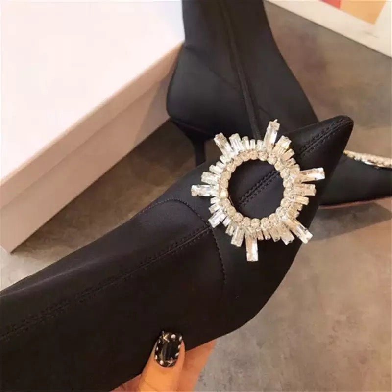 Embellished Pointed-Toe Ankle Boots | Sleek Design | Rhinestone Accent | Elegant Style