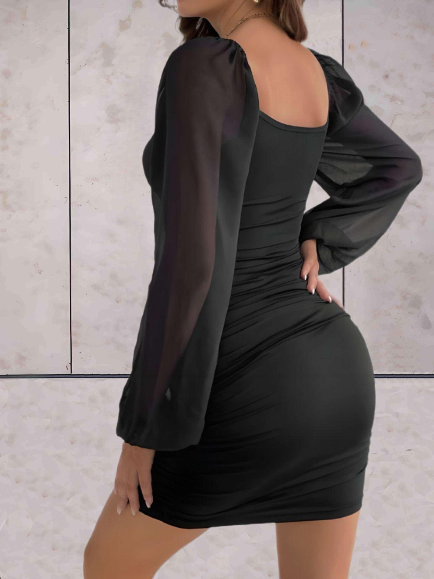 Sheer Sleeve Bodycon Dress | Ruched Design | Stretchy Fabric | Party-Ready Style