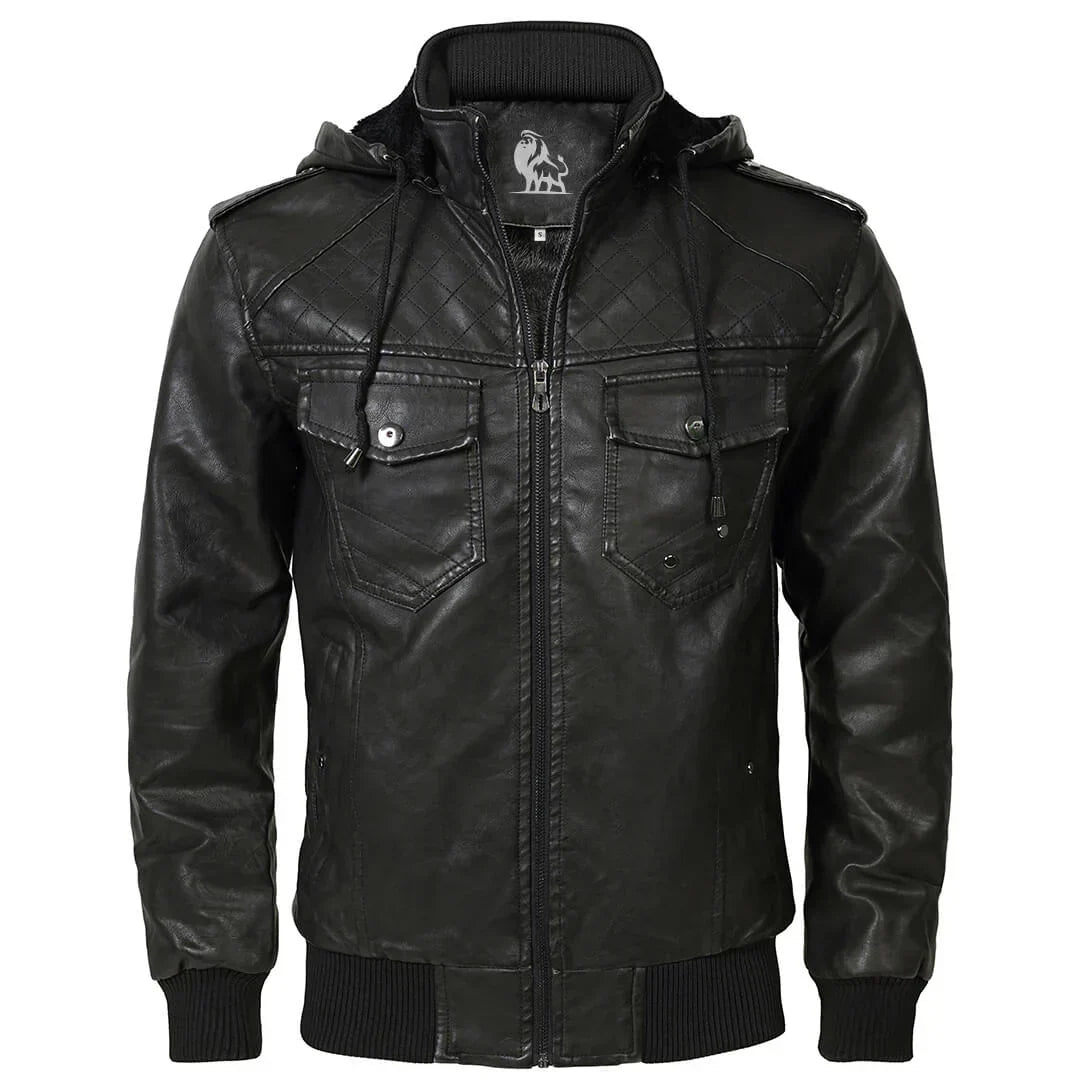 Men's Faux Leather Jacket | Quilted Hooded Bomber | Midweight Fall Layer