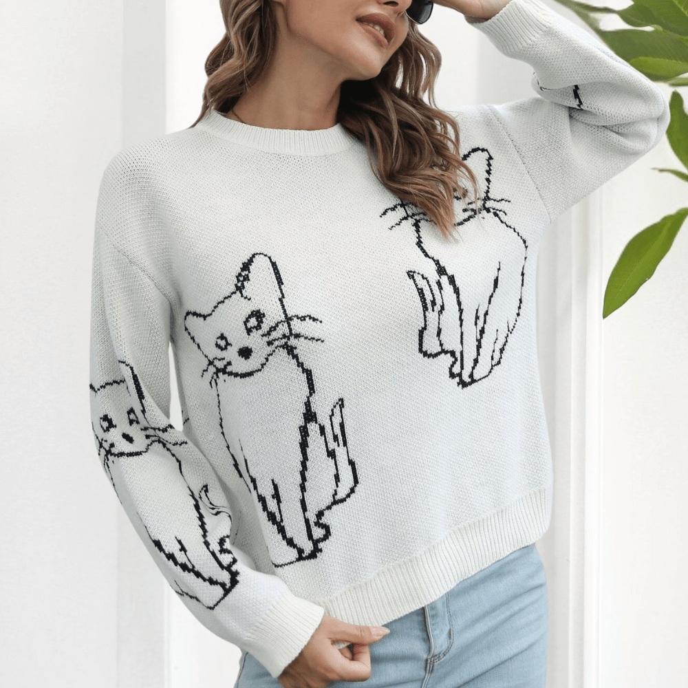 Relaxed Fit Cat Print Sweater | Soft Knit | Cozy & Casual