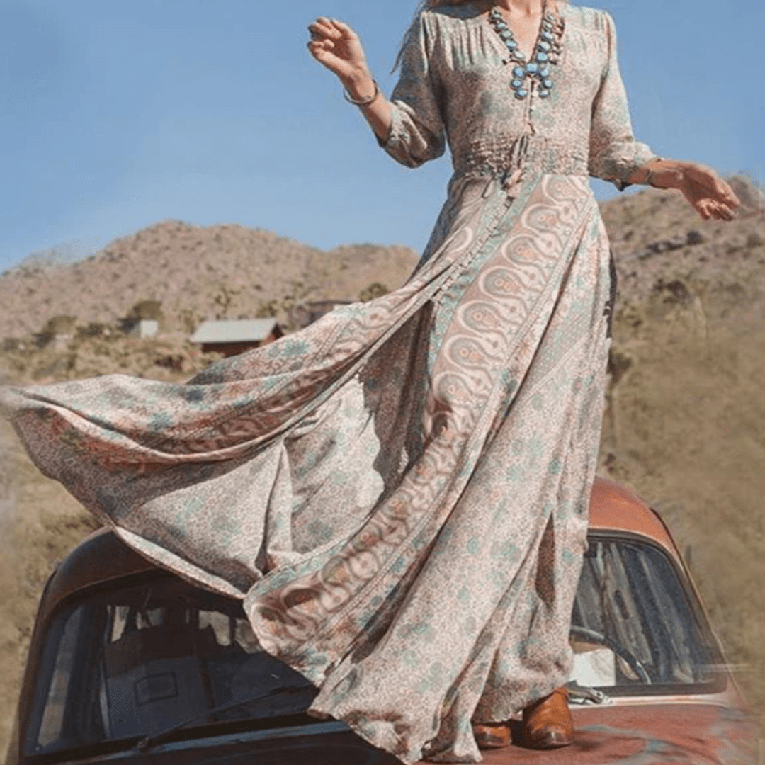 Boho Paisley Maxi Dress | Button Front | Split Skirt with 3/4 Sleeves