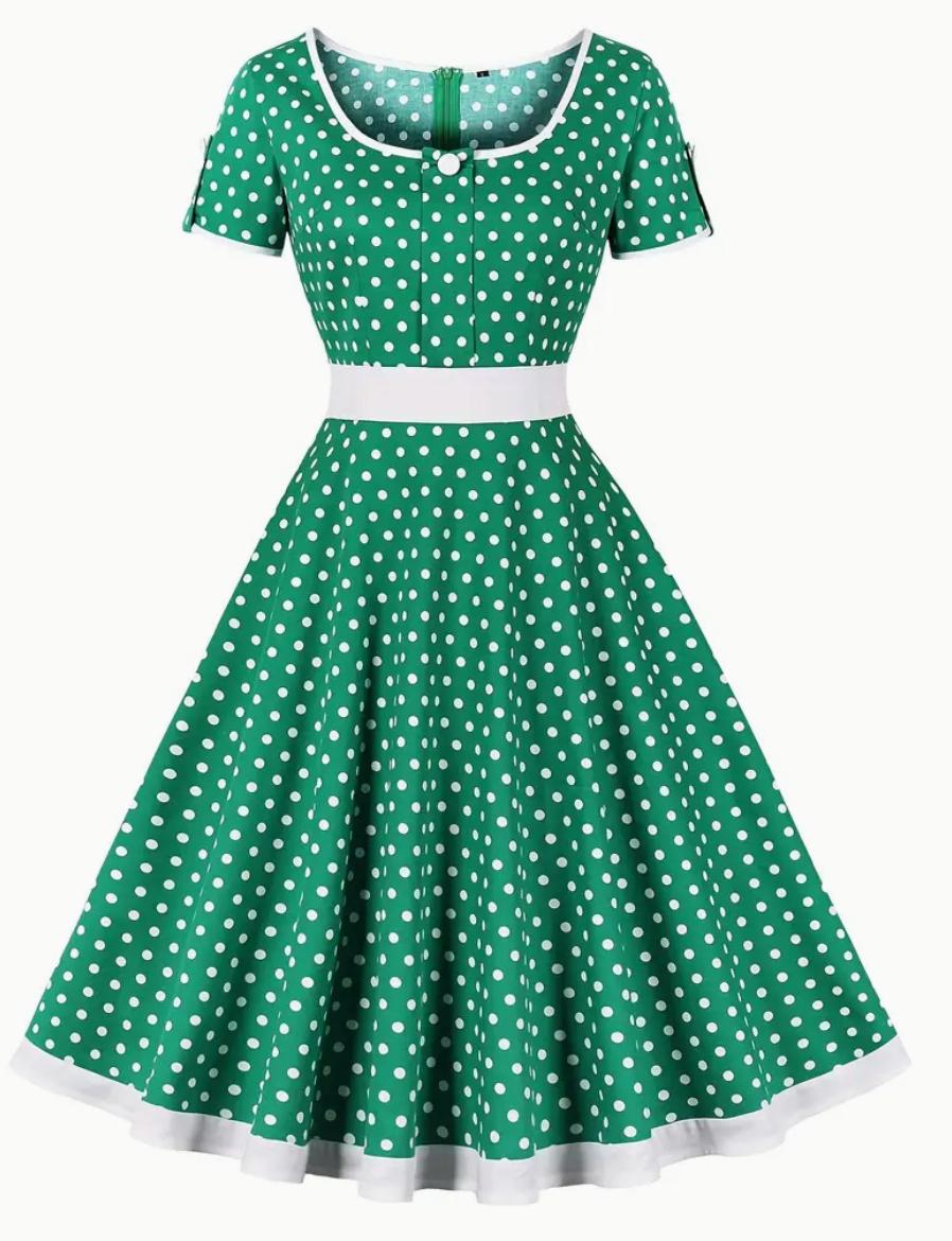 Vintage Polka Dot Swing Dress | Short Sleeve Fit & Flare | Retro Navy & Red Trim