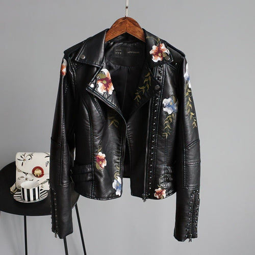Embroidered Faux Leather Jacket | Floral Detail | Asymmetrical Zip | Edgy Chic
