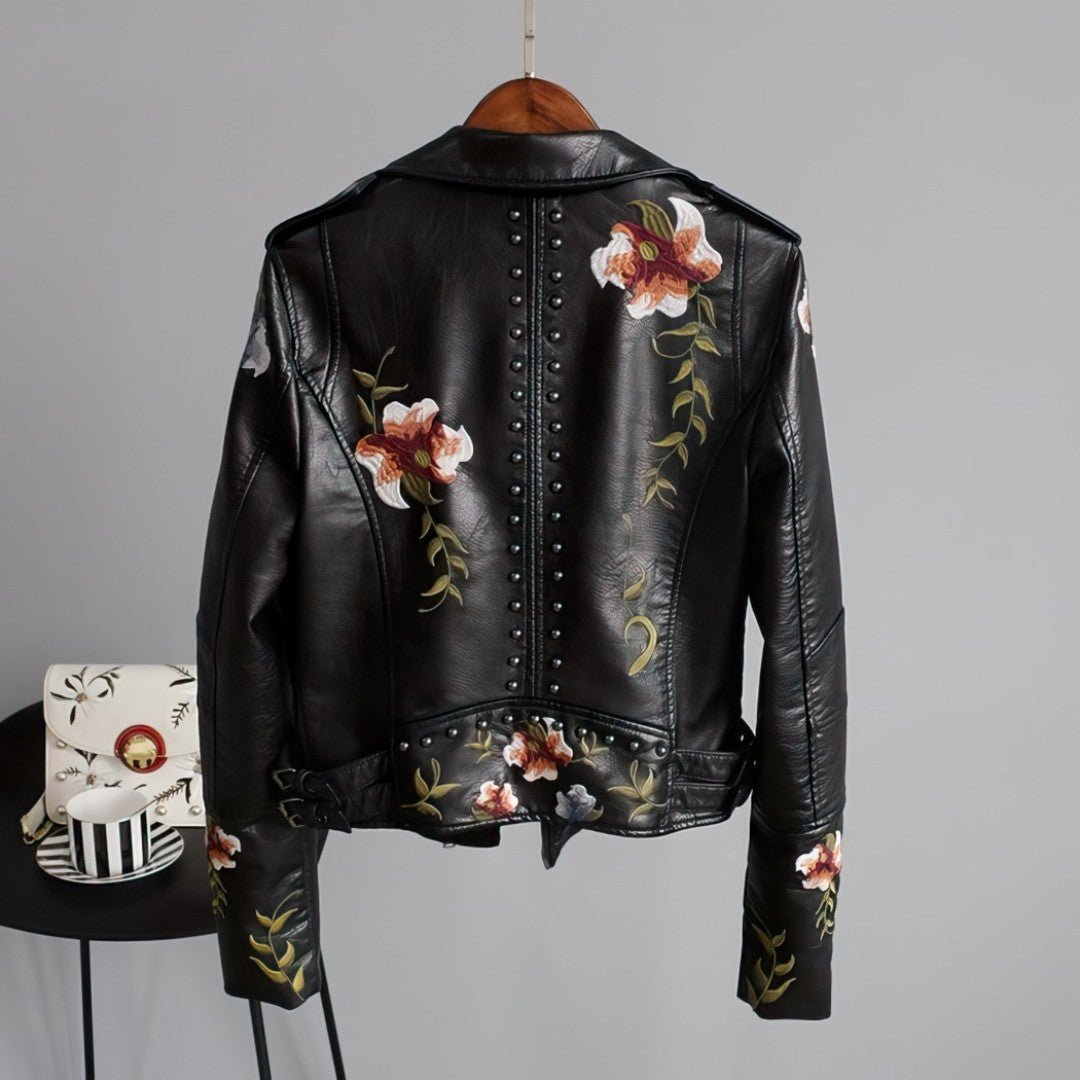 Embroidered Faux Leather Jacket | Floral Detail | Asymmetrical Zip | Edgy Chic