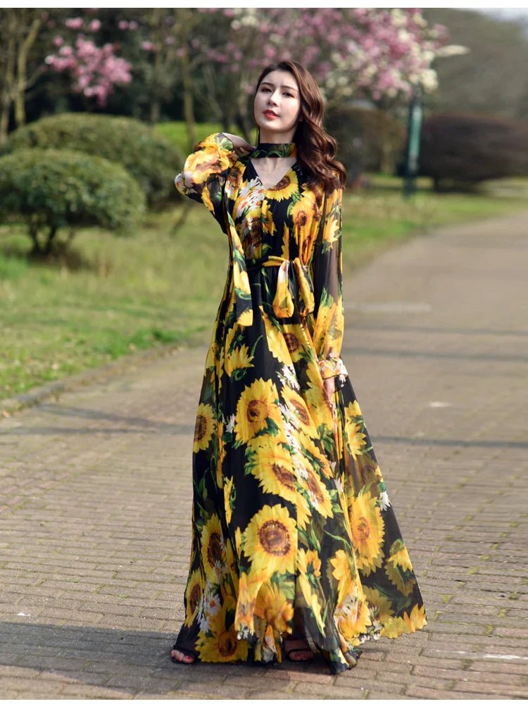 Sunflower Maxi Dress | Bold Floral Print | Lightweight Chiffon | Summer Statement Piece