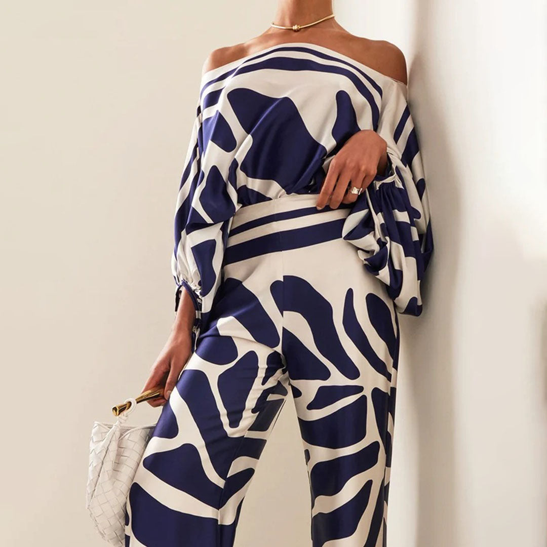 Off-Shoulder Wide-Leg Set | Flowy Silhouette | Bold Abstract Print
