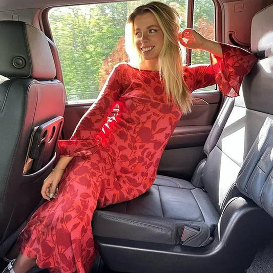 Elegant Printed Maxi Dress | High-Neck Design | Long Sleeves | Sophisticated Style