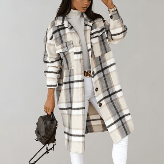Women's Plaid Long Shacket | Oversized Fit | Soft Wool Blend | Trendy Layering Piece