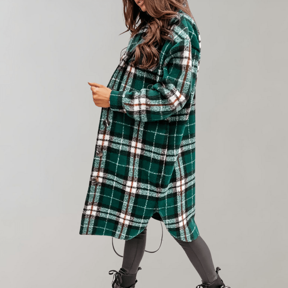 Women's Plaid Long Shacket | Oversized Fit | Soft Wool Blend | Trendy Layering Piece