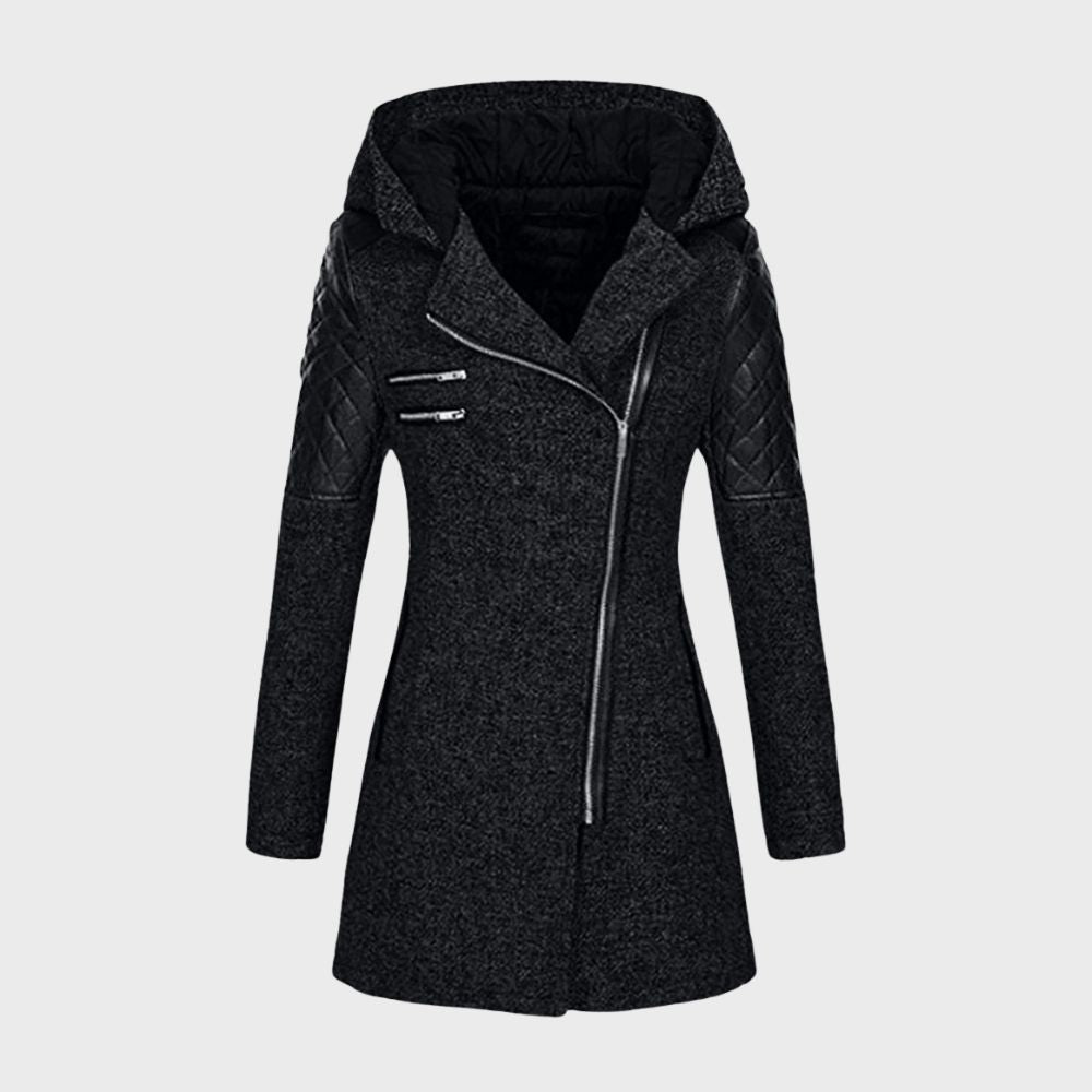 Hooded Asymmetrical Coat | Faux Leather Accents | Stylish and Warm