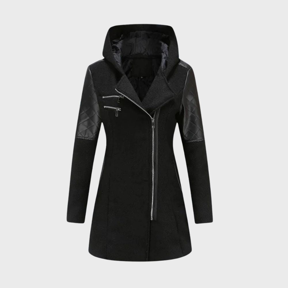 Hooded Asymmetrical Coat | Faux Leather Accents | Stylish and Warm