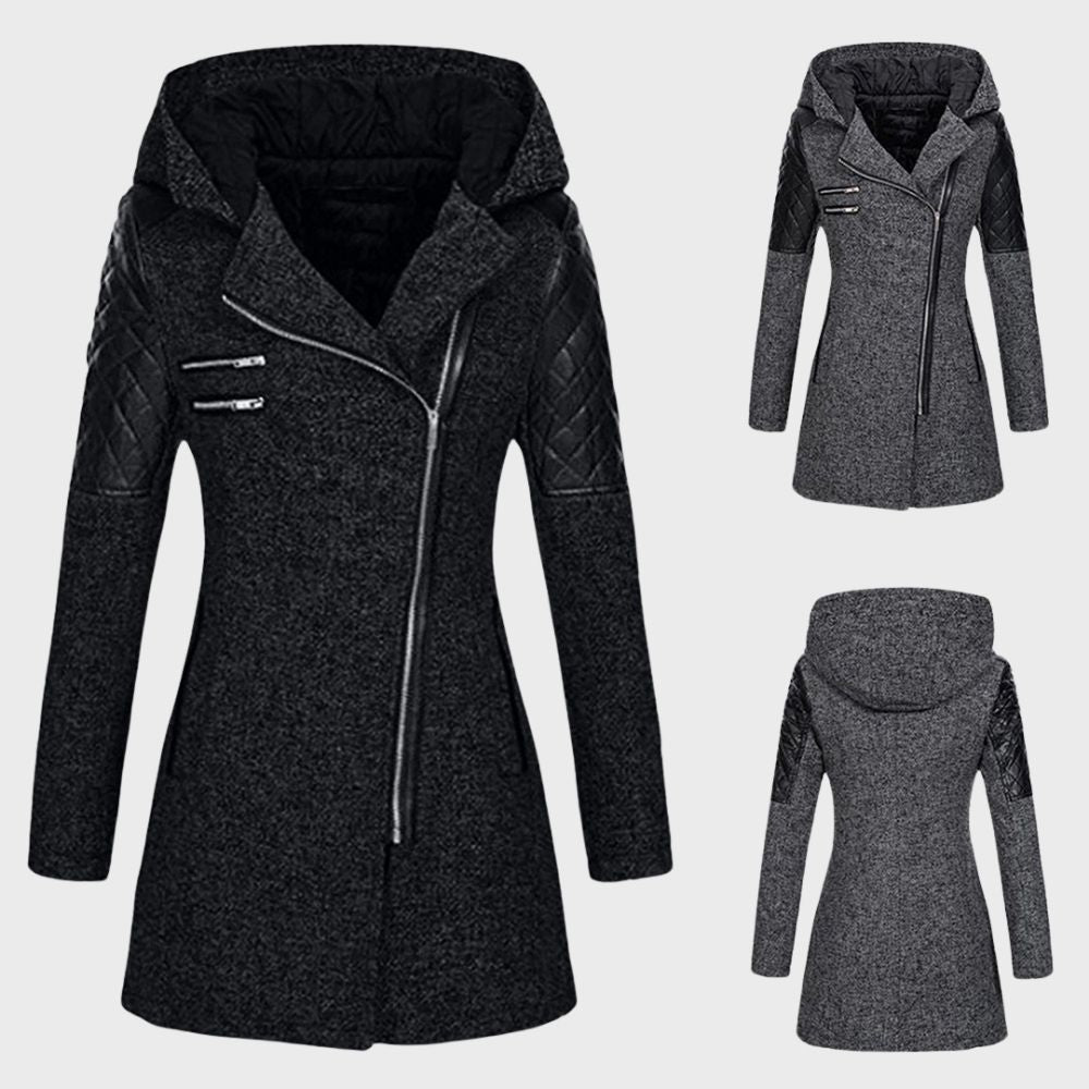 Hooded Asymmetrical Coat | Faux Leather Accents | Stylish and Warm