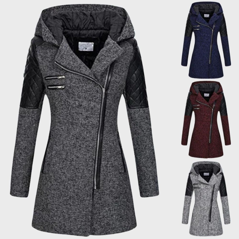 Hooded Asymmetrical Coat | Faux Leather Accents | Stylish and Warm