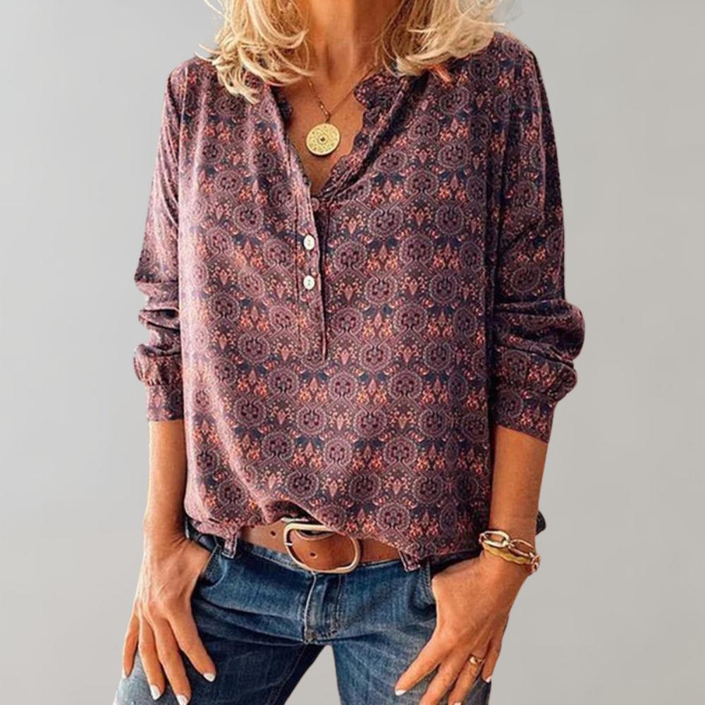 Boho Print Button Blouse | Lightweight Woven Fabric | Relaxed Fit