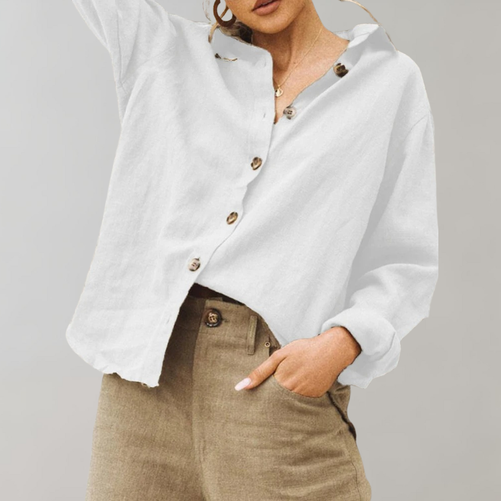 Women's Linen Blend Button-Up Shirt | Relaxed Fit Long Sleeve | Casual Summer Workwear