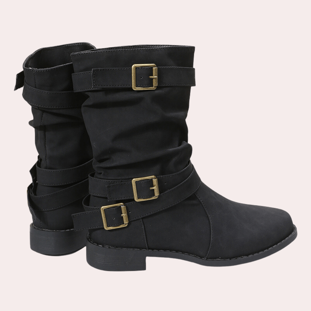 Buckle Strap Mid-Calf Boots | Stylish & Versatile | PU Leather | Everyday Comfort
