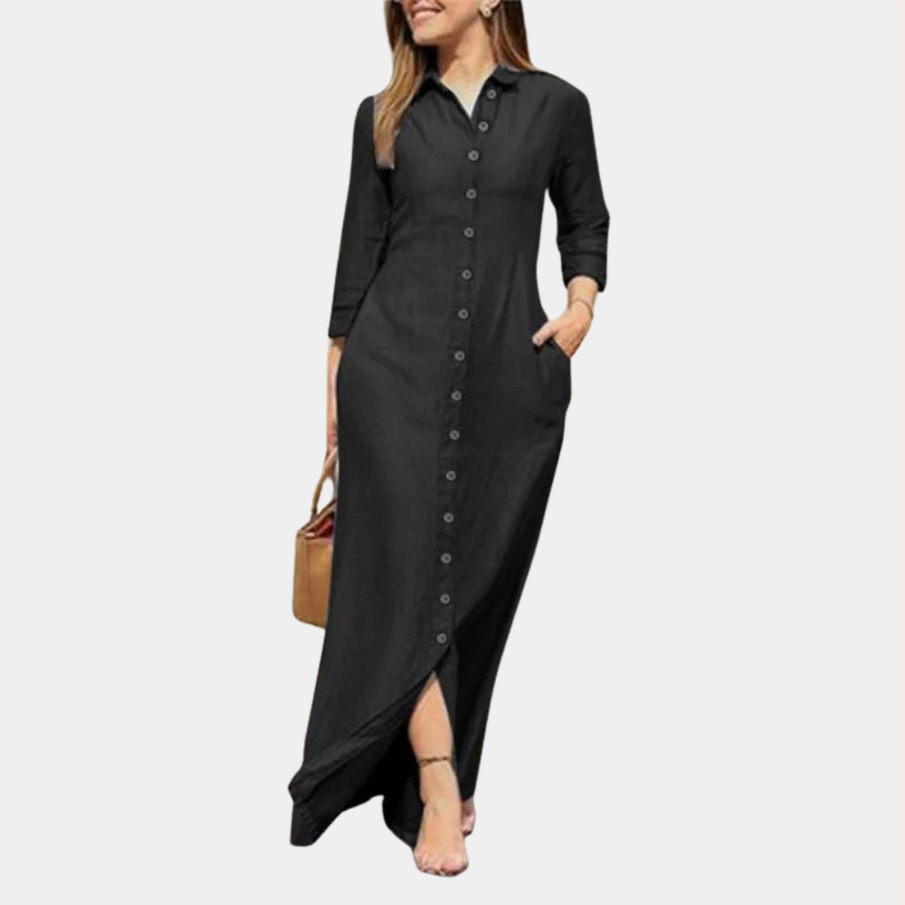 Denim Shirt Maxi Dress | Button-Front with Pockets | Long Sleeve Casual Fit