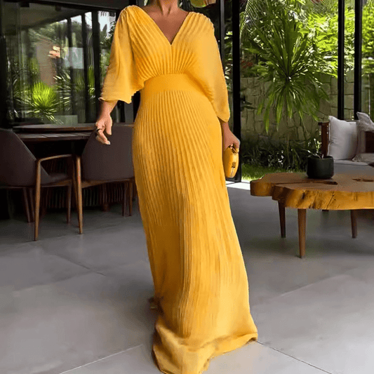 Elegant Pleated Maxi Dress | Deep V-Neck | Flowy & Lightweight