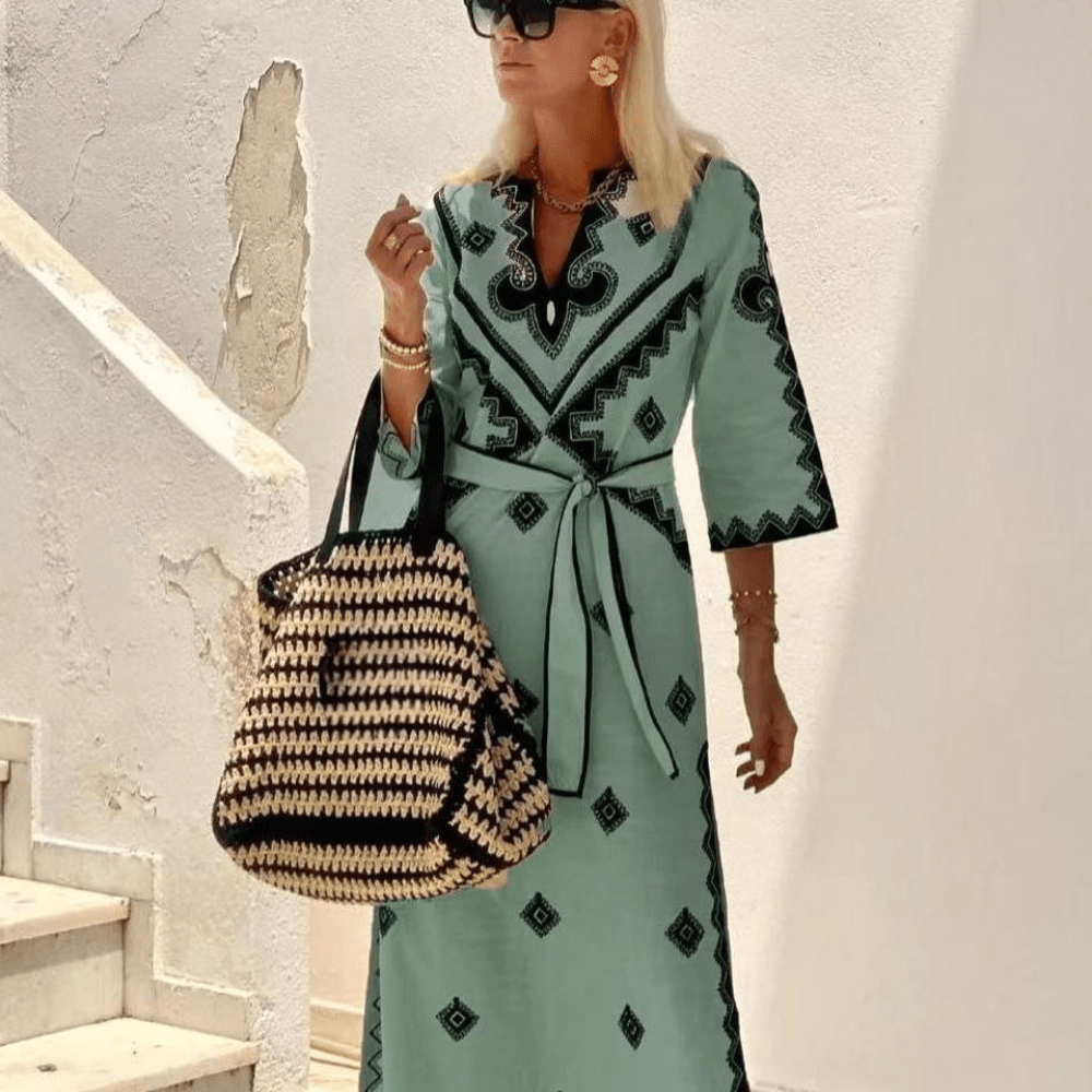 Bohemian Embroidered Maxi Dress | V-Neck & Belted Waist | Elegant & Breezy