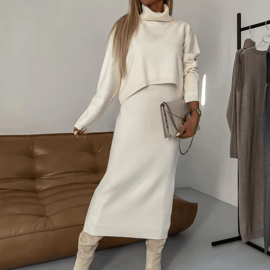 Chic Two-Piece Knit Set | Turtleneck Sweater & Midi Skirt | Cozy & Elegant