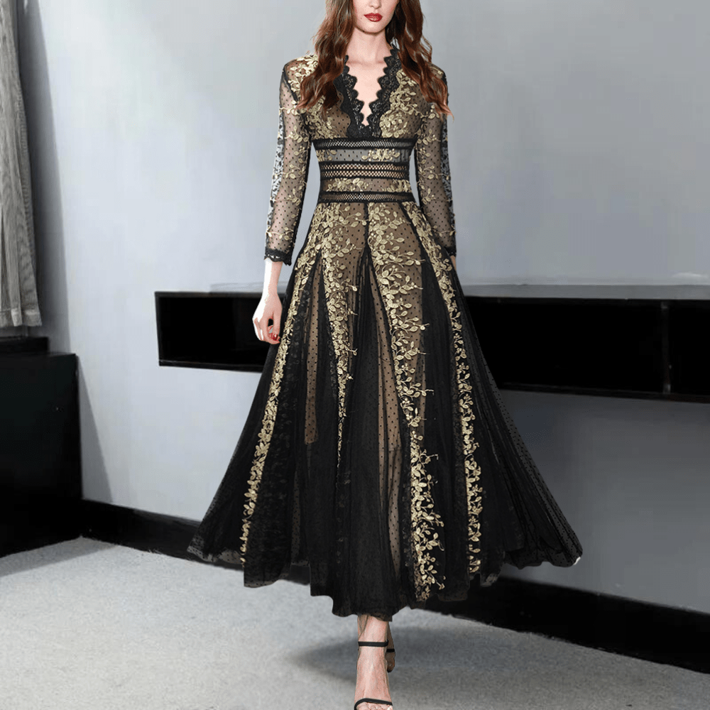 Elegant Embroidered Maxi Dress | Sheer Sleeves | Regal Evening Wear