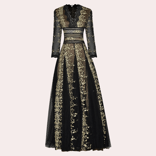 Elegant Embroidered Maxi Dress | Sheer Sleeves | Regal Evening Wear