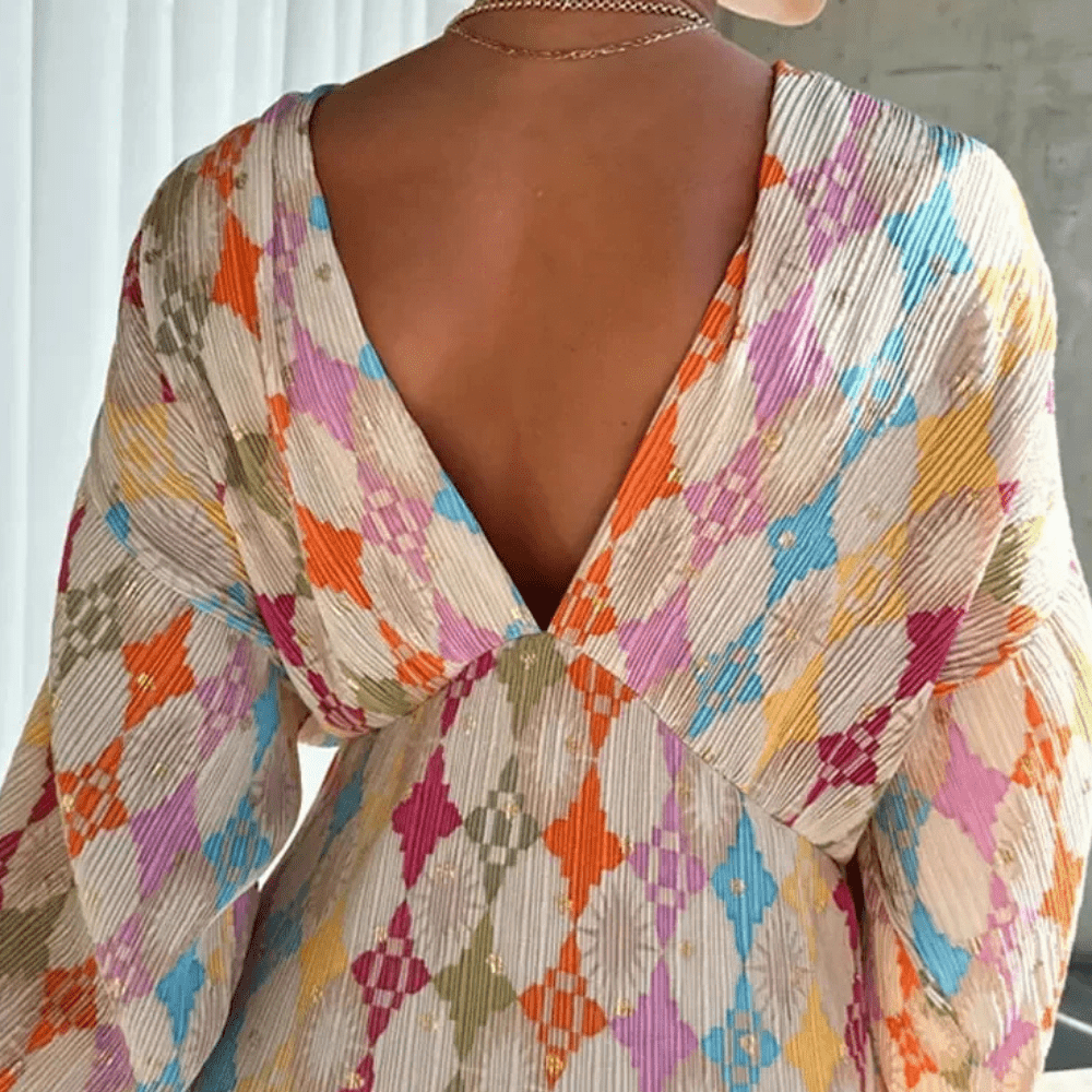 Geometric Print Maxi Dress | Deep V-Neckline | Lightweight Fabric | Boho Chic
