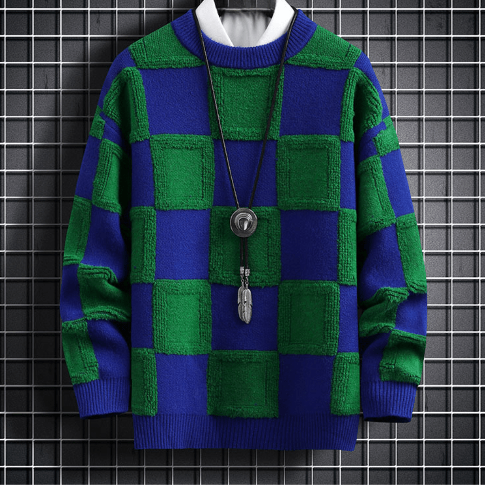 Checkerboard Knit Sweater | Bold Colour Block | Soft Acrylic Blend | Casual Streetwear