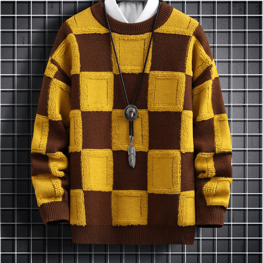Checkerboard Knit Sweater | Bold Colour Block | Soft Acrylic Blend | Casual Streetwear