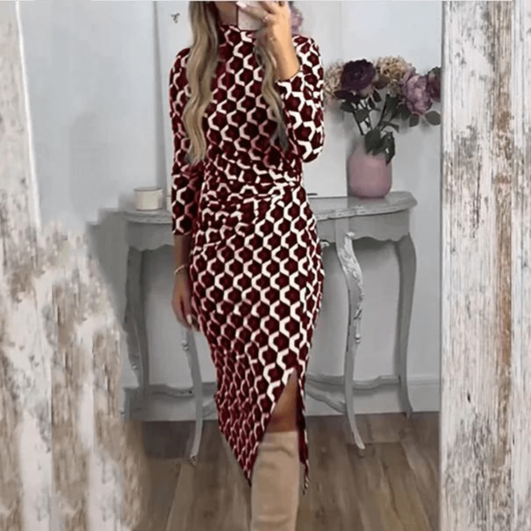Geometric Print Bodycon Dress | Asymmetrical Hem | Elegant Long Sleeve | Evening Wear