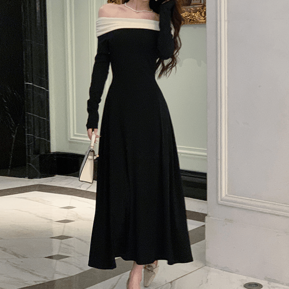 Off-Shoulder Midi Dress | Elegant Folded Neckline | Flared Silhouette | Evening Chic