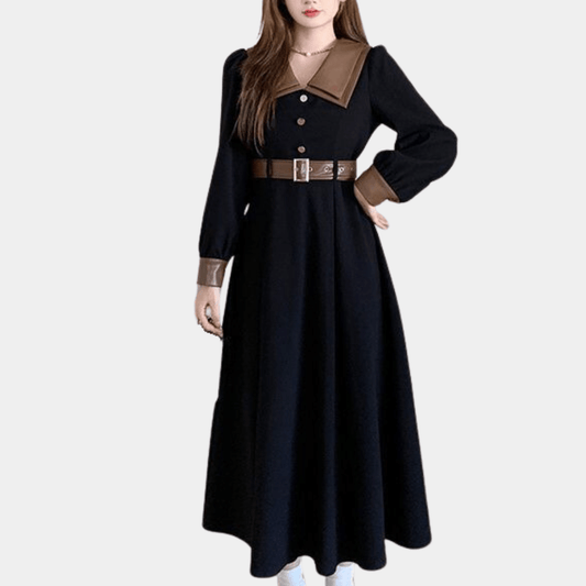 Elegant Contrast Collar Maxi Dress | Button-Down Design | Belted Waist | Sophisticated Style