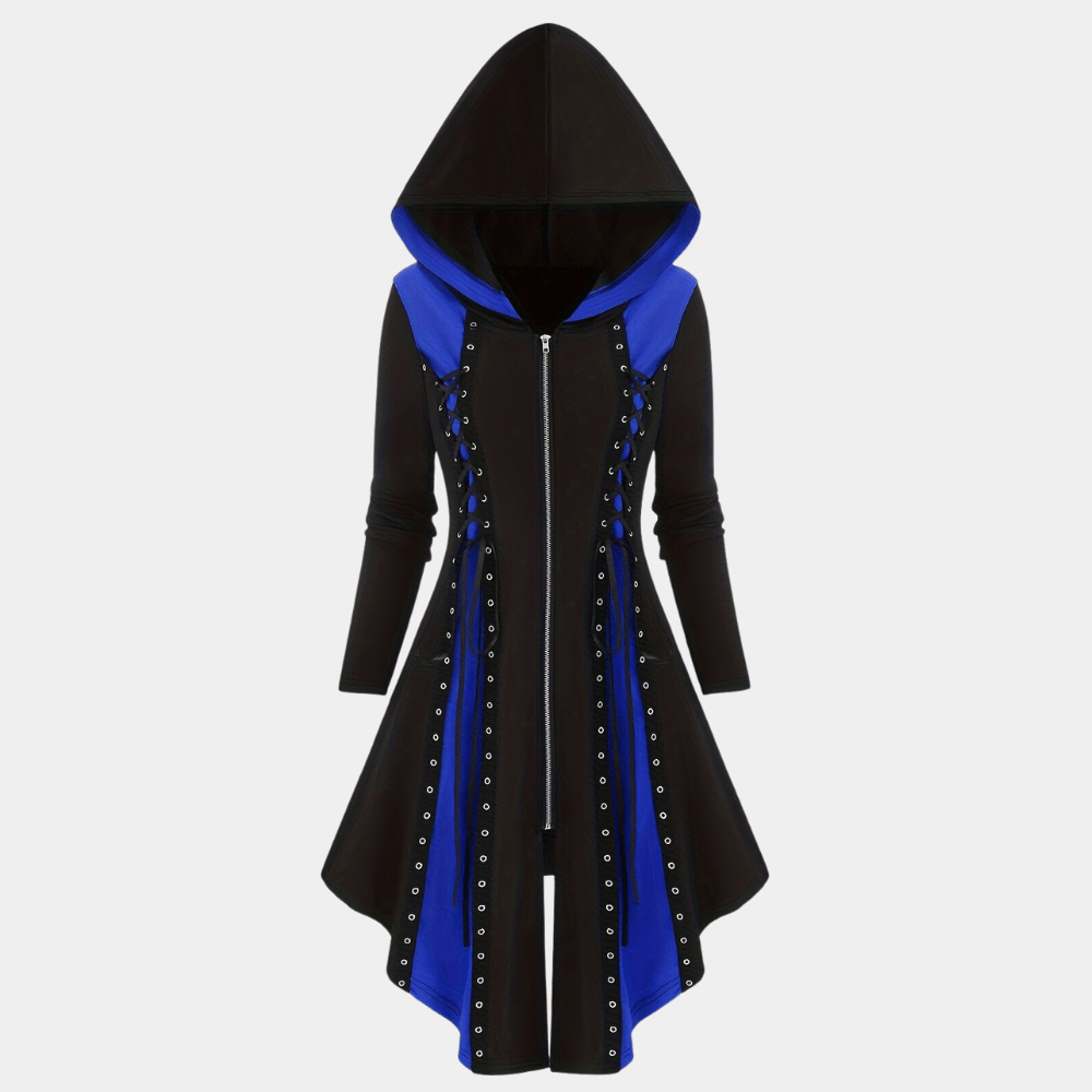Gothic Hooded High-Low Jacket | Lace-Up Details | Lightweight Polyester Blend