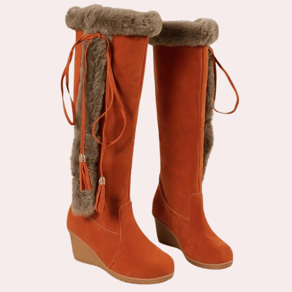 Knee-High Faux Fur Boots | Cozy Wedge Heel | Stylish & Warm Winter Wear