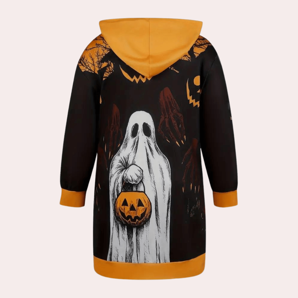 Halloween Hoodie Dress | Spooky Ghost & Pumpkin Print | Soft Fleece | Casual Loungewear