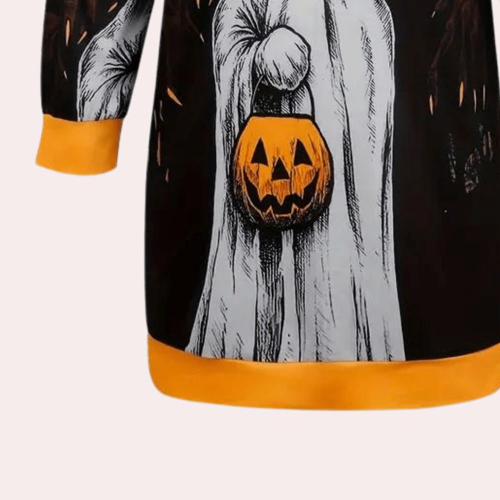 Halloween Hoodie Dress | Spooky Ghost & Pumpkin Print | Soft Fleece | Casual Loungewear